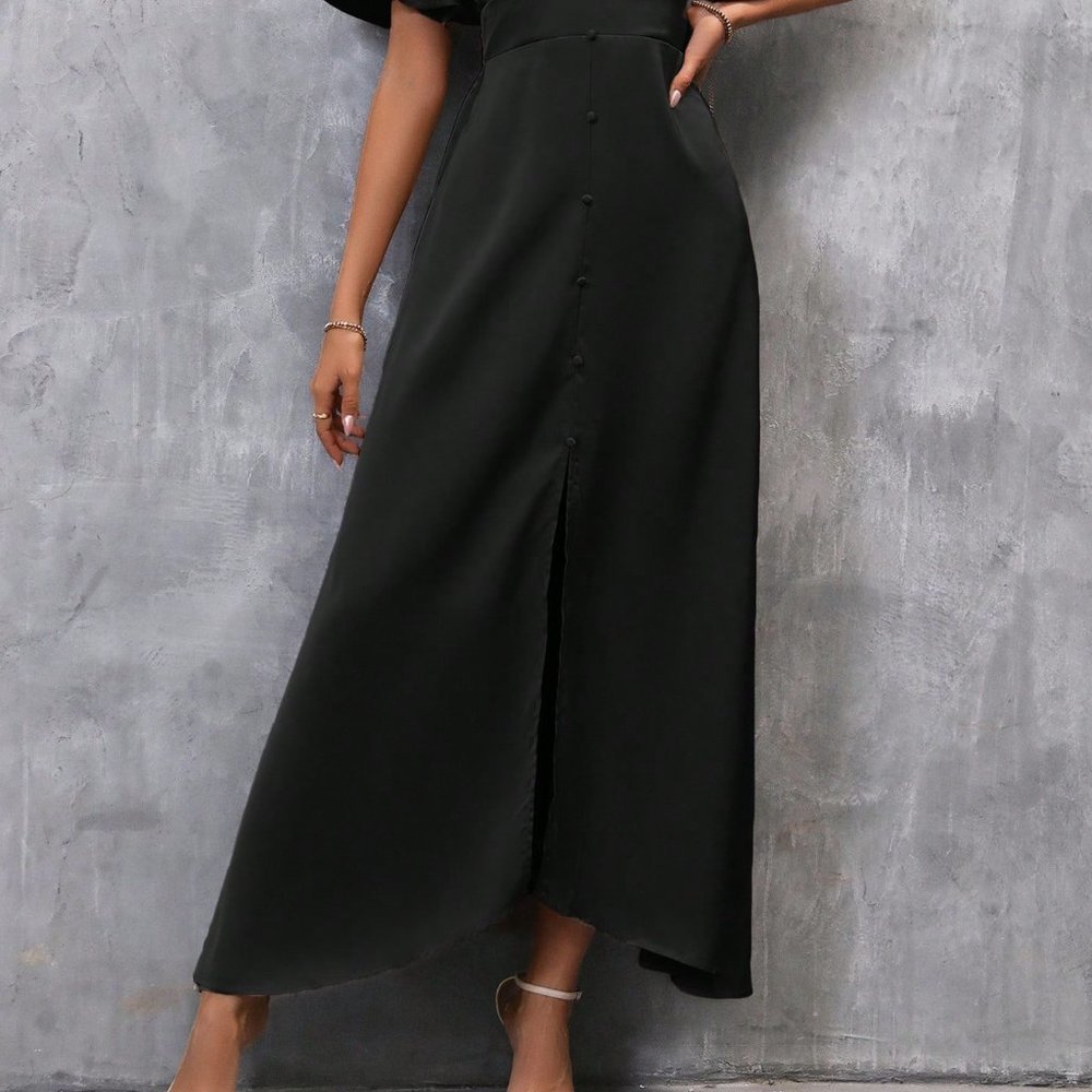 Black Preppy Womens Plunging Neck Butterfly Sleeve Split Thigh Satin Dress - Picture 5 of 5